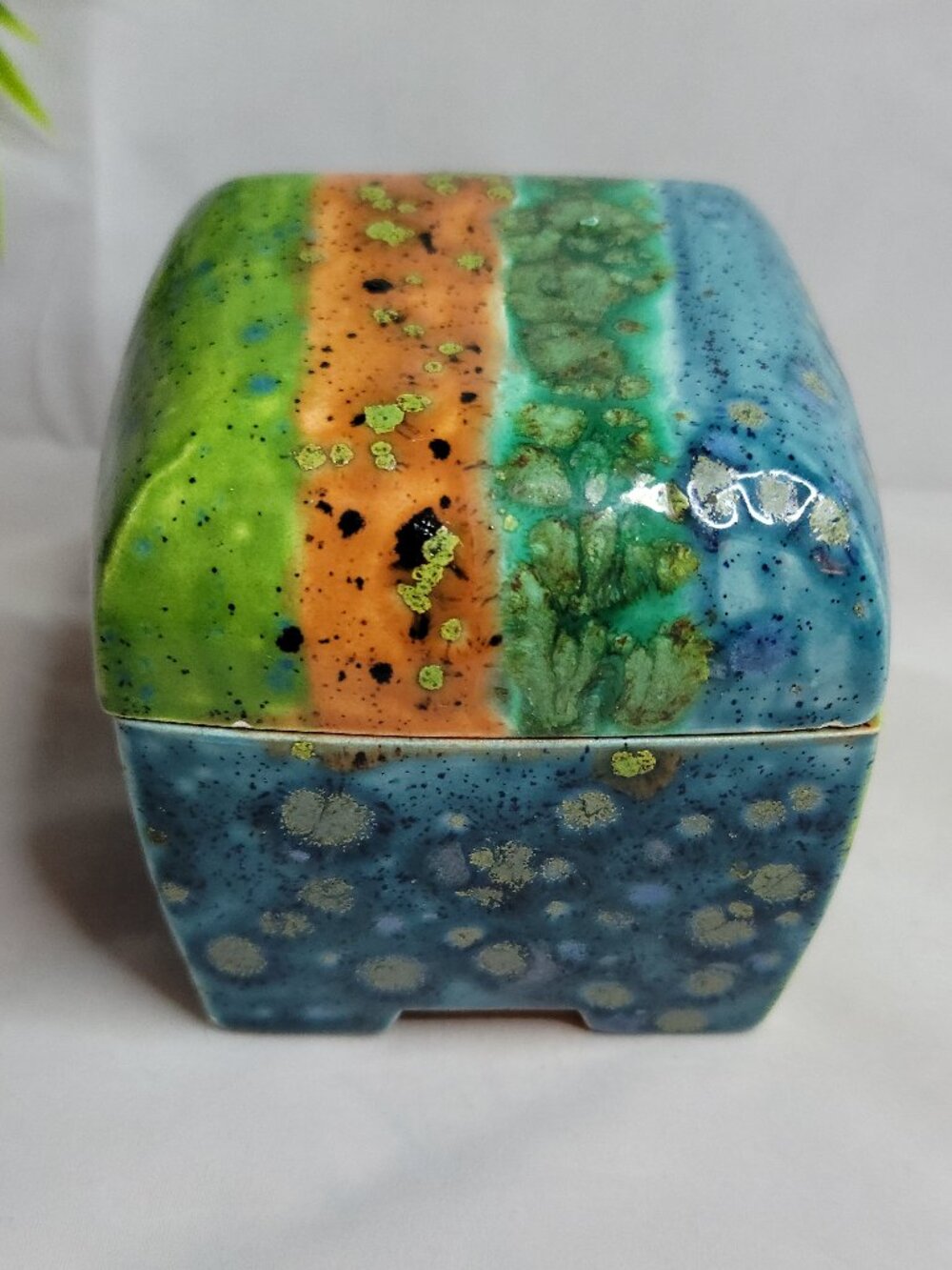 Handmade Blue Green Orange Teal Speckled Pottery Trinket Stash Box - Picture 5 of 10